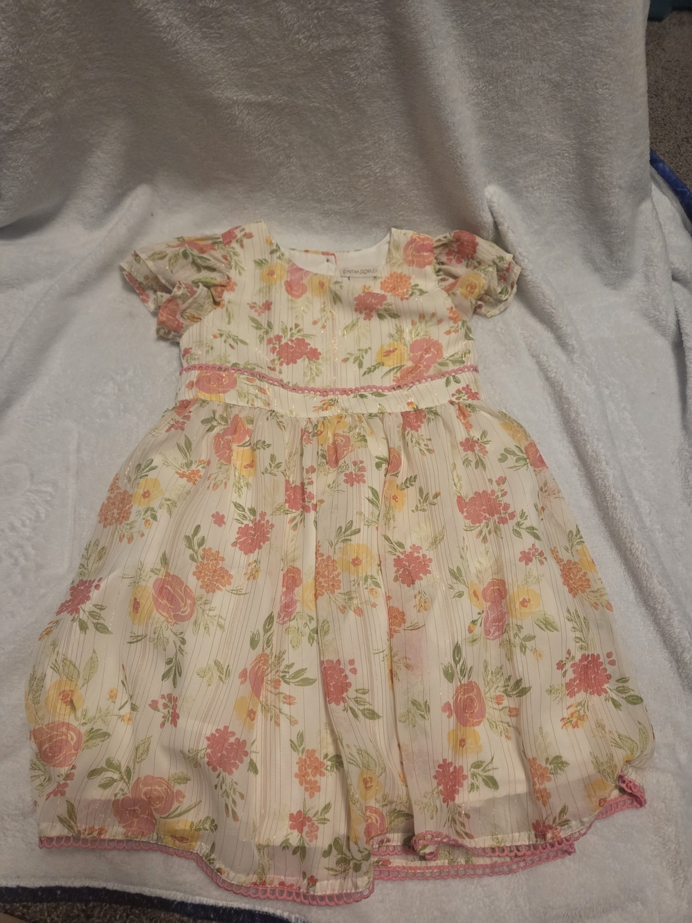 Cynthia Rowley Cream Floral Puff-Sleeve Dress with Pink & Yellow Roses